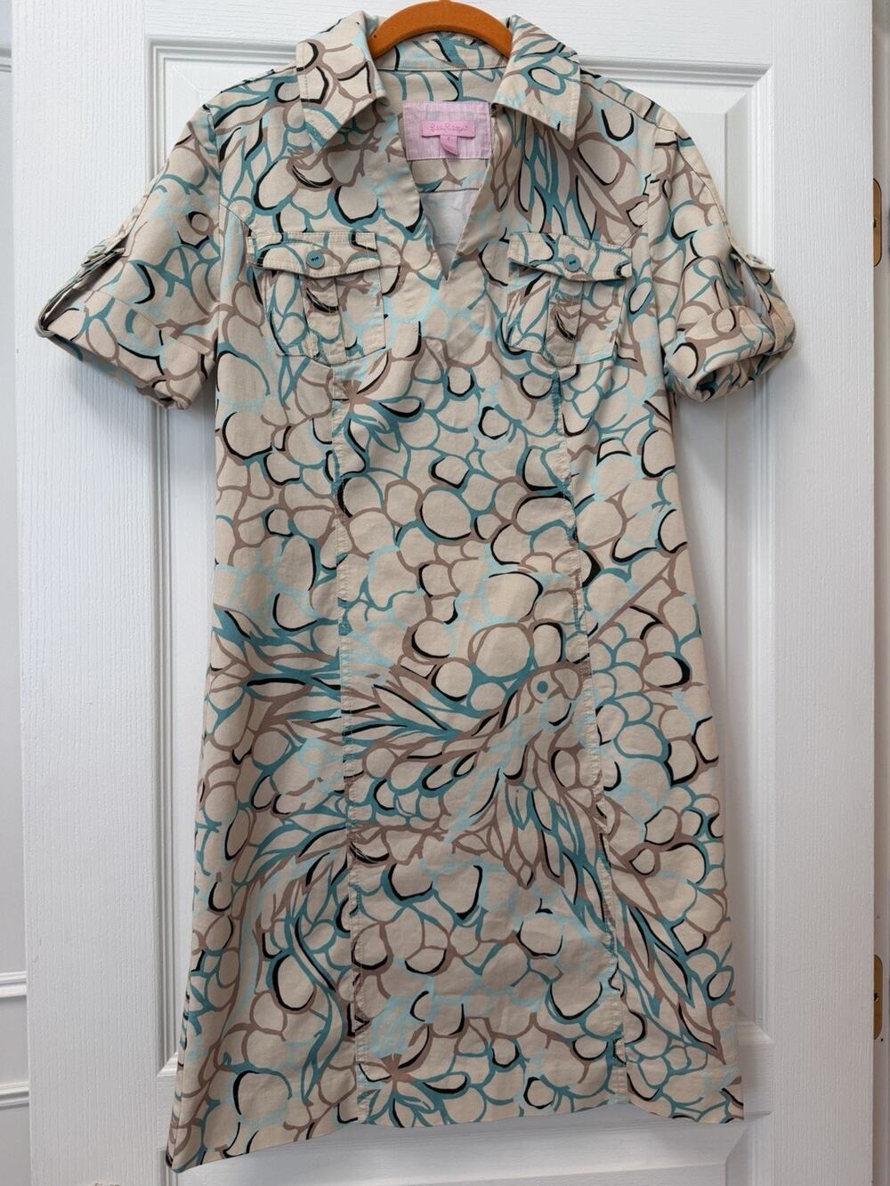 Lilly Pulitzer Shirt Dress Size 2 Floral Aqua Beige Roll Tab Sleeve Cotton